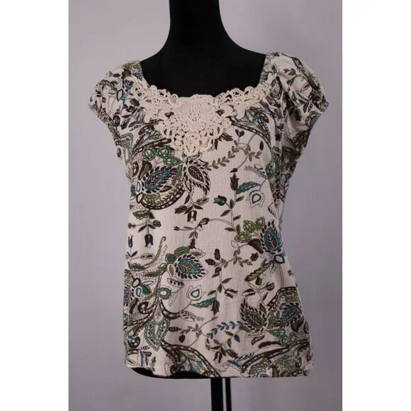 JKLA California Women's Floral Print‎ Lace Trim Top Medium White & Green - Picture 2 of 8